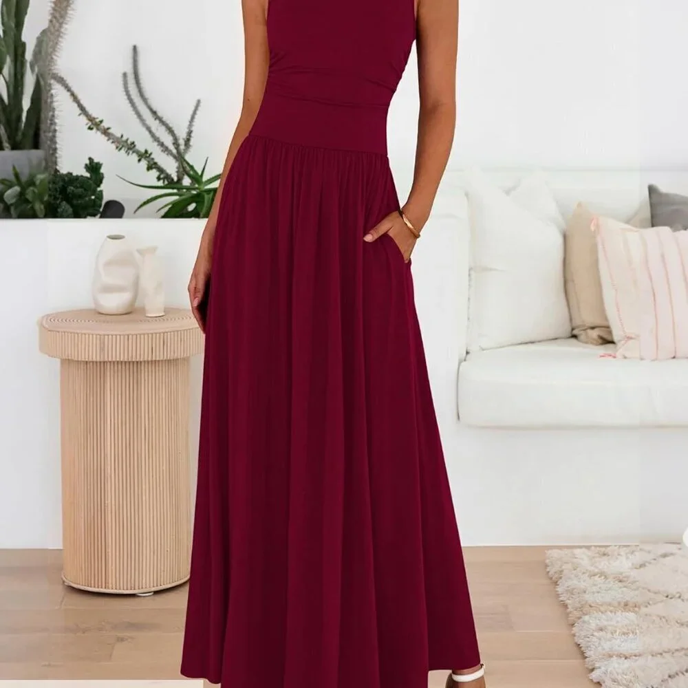 Summer Maxi Dress Women Casual Sleeveless Ruched High Waist Flowy Beach Dress - Picture 2 of 8